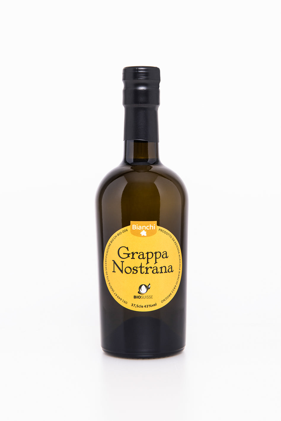 Organic Ticino grappa with white grape pomace from Azienda Agricola Bianchi.